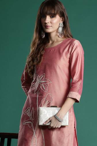 Floral Embroidered Thread Work Kurta with Trousers