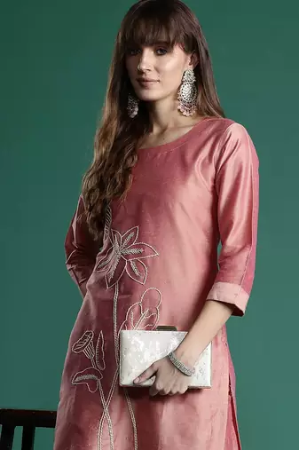 Floral Embroidered Thread Work Kurta with Trousers