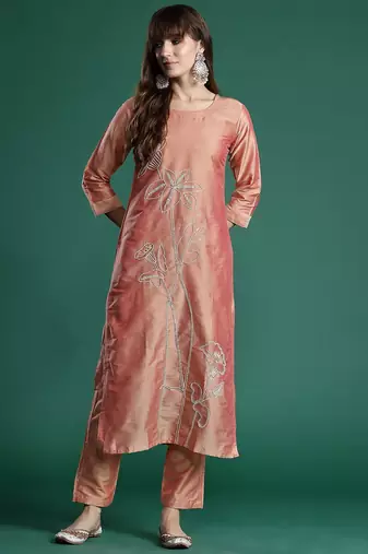Floral Embroidered Thread Work Kurta with Trousers