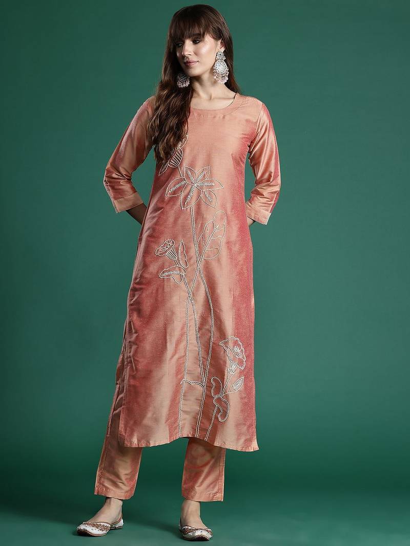 Floral Embroidered Thread Work Kurta with Trousers