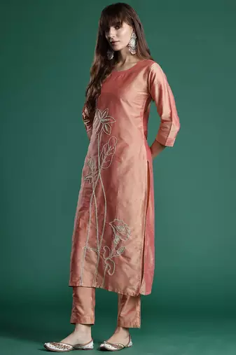 Floral Embroidered Thread Work Kurta with Trousers