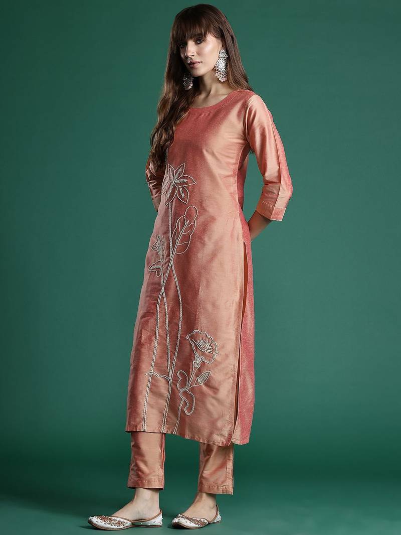 Floral Embroidered Thread Work Kurta with Trousers