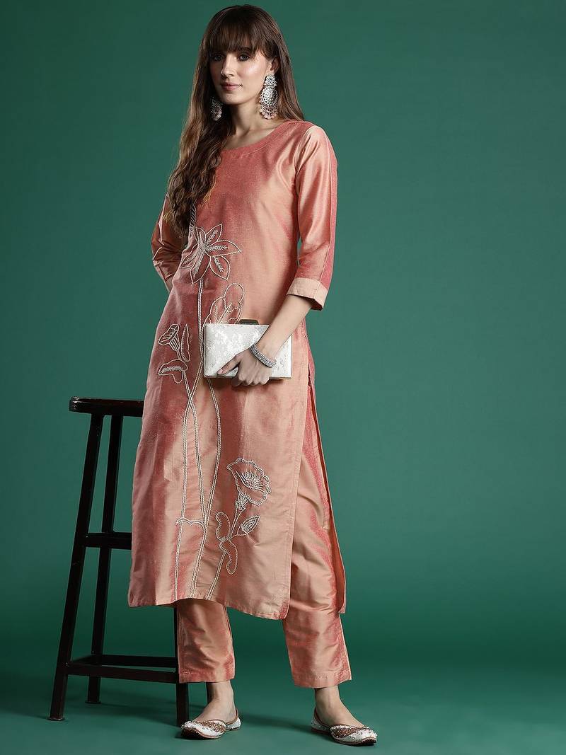 Floral Embroidered Thread Work Kurta with Trousers