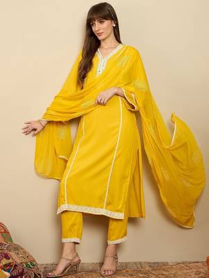 Straight Mirror Work Kurta with Trousers & Dupatta 1