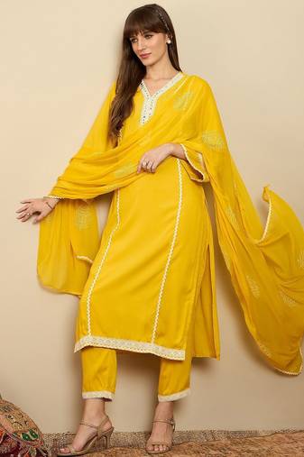 Straight Mirror Work Kurta with Trousers & Dupatta