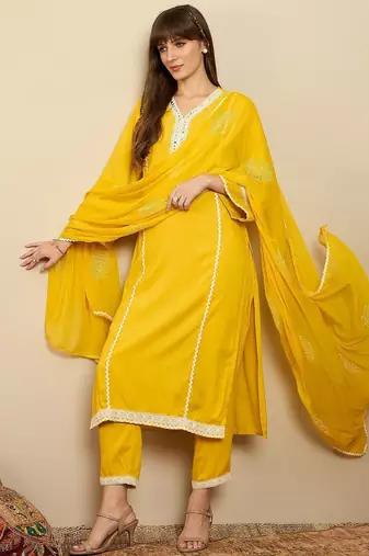 Straight Mirror Work Kurta with Trousers & Dupatta