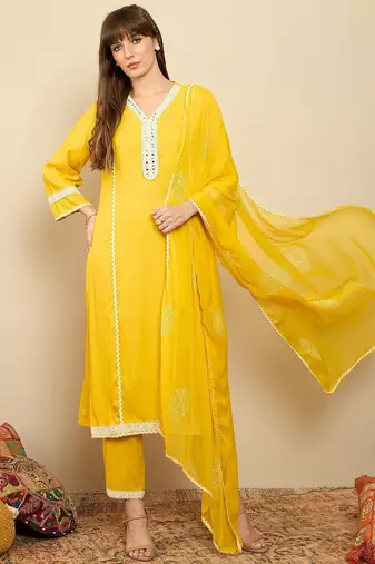 Straight Mirror Work Kurta with Trousers & Dupatta