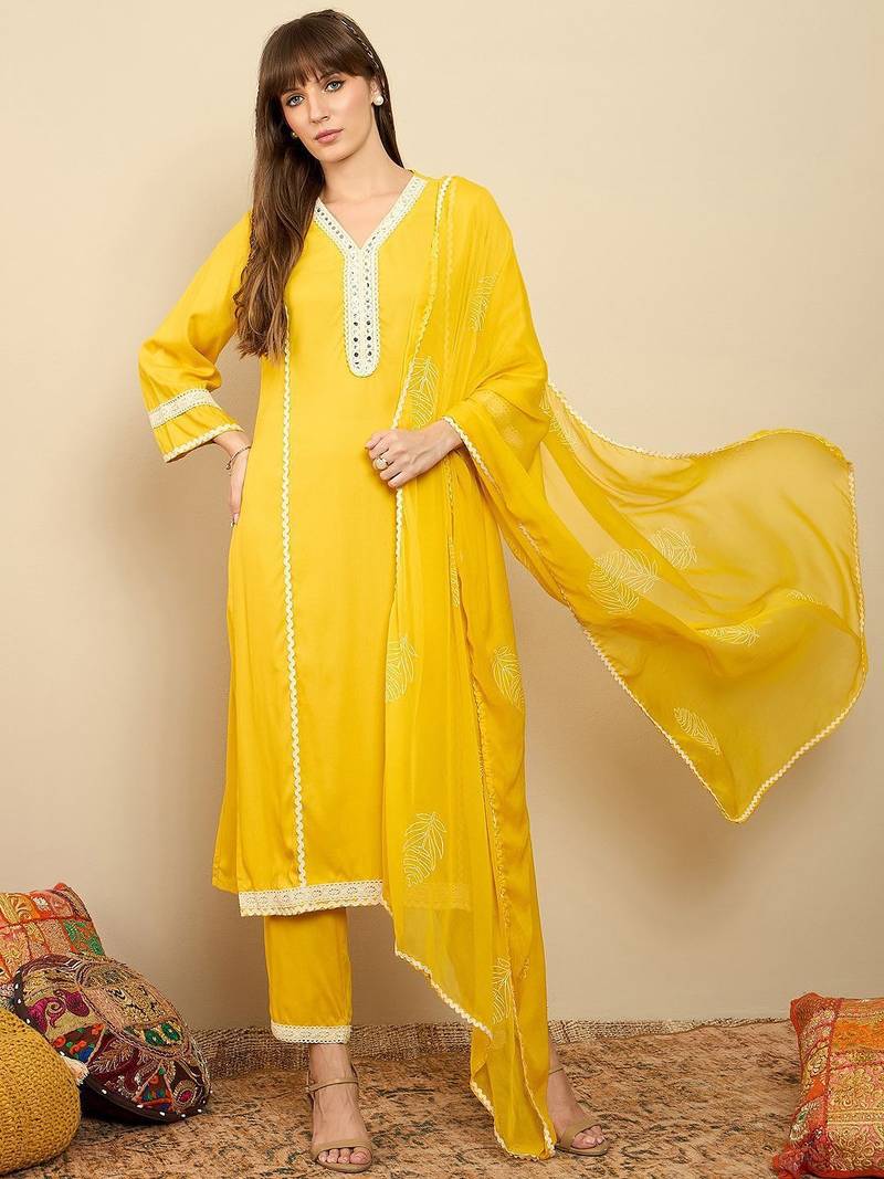 Straight Mirror Work Kurta with Trousers & Dupatta