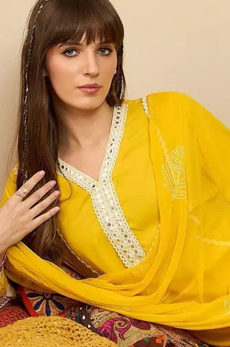 Straight Mirror Work Kurta with Trousers & Dupatta