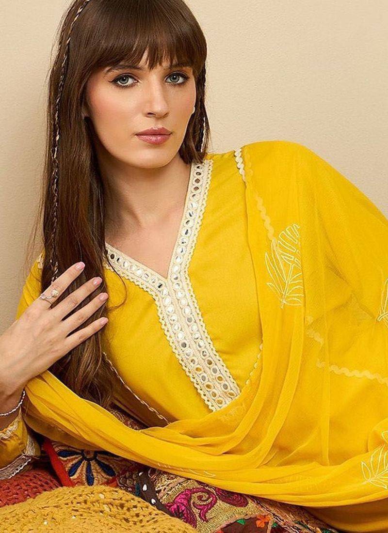 Straight Mirror Work Kurta with Trousers & Dupatta