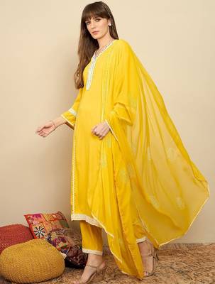 Straight Mirror Work Kurta with Trousers & Dupatta 5
