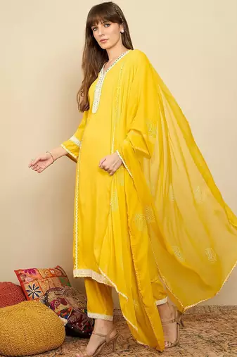 Straight Mirror Work Kurta with Trousers & Dupatta