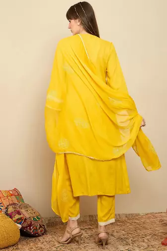 Straight Mirror Work Kurta with Trousers & Dupatta