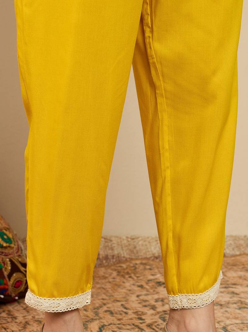 Straight Mirror Work Kurta with Trousers & Dupatta