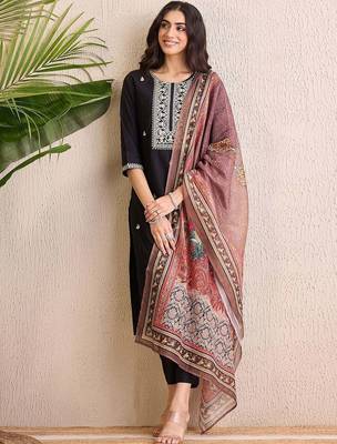 Women Ethnic Motifs Embroidered Regular Liva Kurta with Trousers & With Dupatta 1