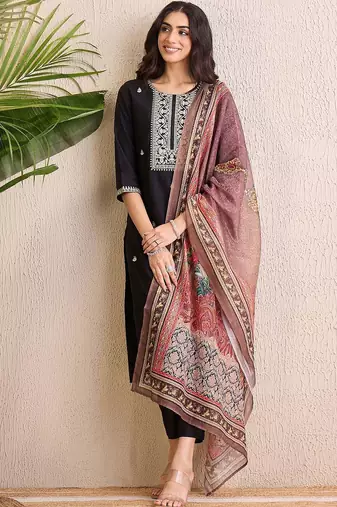 Women Ethnic Motifs Embroidered Regular Liva Kurta with Trousers & With Dupatta