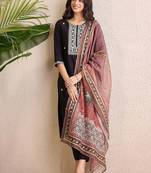 Women Ethnic Motifs Embroidered Regular Liva Kurta with Trousers & With Dupatta