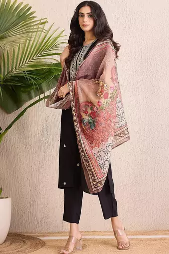 Women Ethnic Motifs Embroidered Regular Liva Kurta with Trousers & With Dupatta