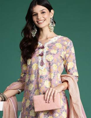 Women Floral Printed Thread Work Pure Cotton Kurta With Trousers & Dupatta 2