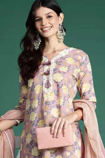Women Floral Printed Thread Work Pure Cotton Kurta With Trousers & Dupatta