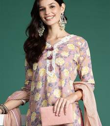 Women Floral Printed Thread Work Pure Cotton Kurta With Trousers & Dupatta
