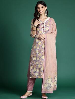 Women Floral Printed Thread Work Pure Cotton Kurta With Trousers & Dupatta 1