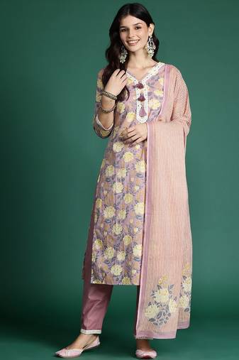 Women Floral Printed Thread Work  Cotton Kurta With Trousers & Dupatta