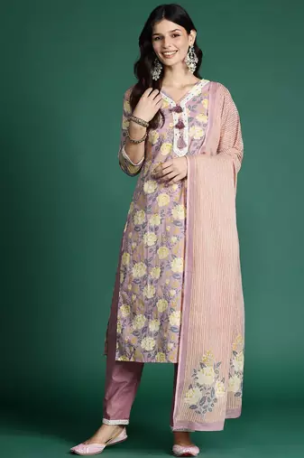 Women Floral Printed Thread Work Pure Cotton Kurta With Trousers & Dupatta