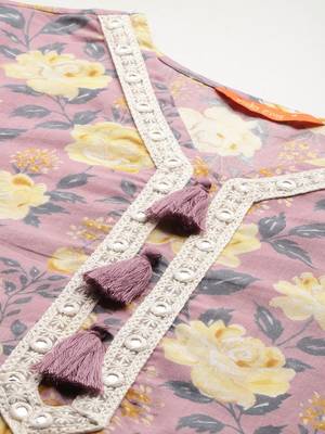Women Floral Printed Thread Work Pure Cotton Kurta With Trousers & Dupatta 3