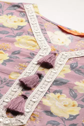 Women Floral Printed Thread Work Pure Cotton Kurta With Trousers & Dupatta
