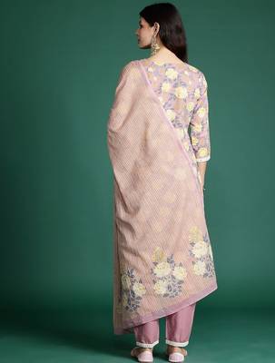 Women Floral Printed Thread Work Pure Cotton Kurta With Trousers & Dupatta 6