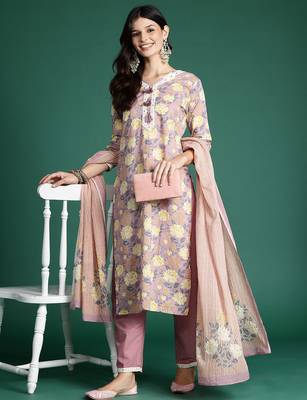 Women Floral Printed Thread Work Pure Cotton Kurta With Trousers & Dupatta 7