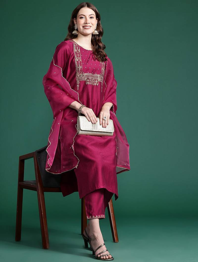 Women Embroidered Straight Kurta Set