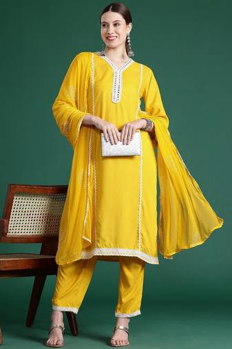 Embroidered Panelled Mirror Work Kurta With Trousers & Dupatta