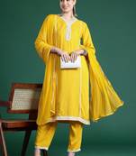 Embroidered Panelled Mirror Work Kurta With Trousers & Dupatta