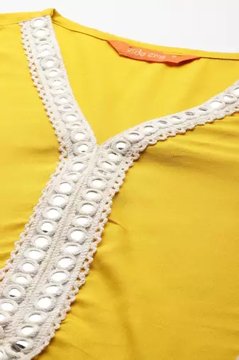 Embroidered Panelled Mirror Work Kurta With Trousers & Dupatta