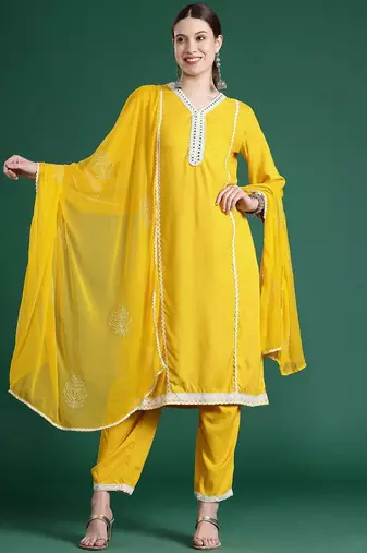 Embroidered Panelled Mirror Work Kurta With Trousers & Dupatta