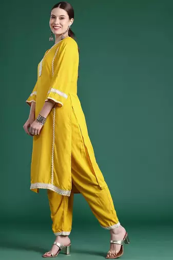 Embroidered Panelled Mirror Work Kurta With Trousers & Dupatta