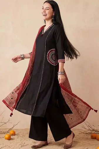 Women Ethnic Motifs Embroidered Regular Thread Work Pure Cotton Kurta with Palazzos & With Dupatta