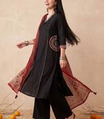 Women Ethnic Motifs Embroidered Regular Thread Work  Cotton Kurta with Palazzos & With Dupatta