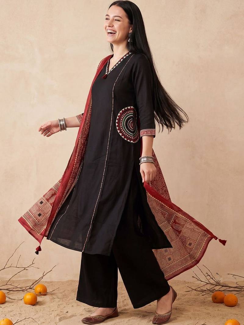 Women Ethnic Motifs Embroidered Regular Thread Work Pure Cotton Kurta with Palazzos & With Dupatta