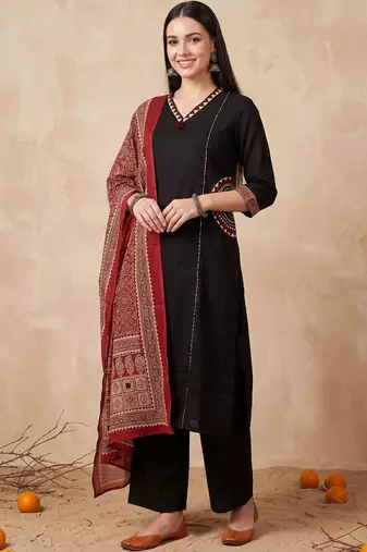 Women Ethnic Motifs Embroidered Regular Thread Work Pure Cotton Kurta with Palazzos & With Dupatta
