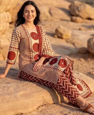 Women Printed Regular Mirror Work Pure Cotton Kurta with Trousers & With Dupatta 1