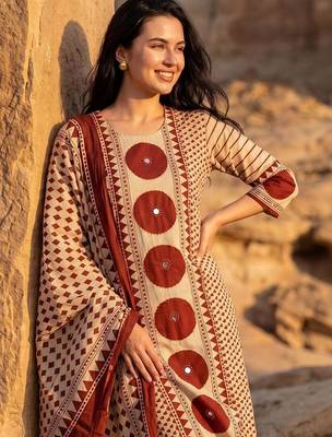 Women Printed Regular Mirror Work Pure Cotton Kurta with Trousers & With Dupatta 2
