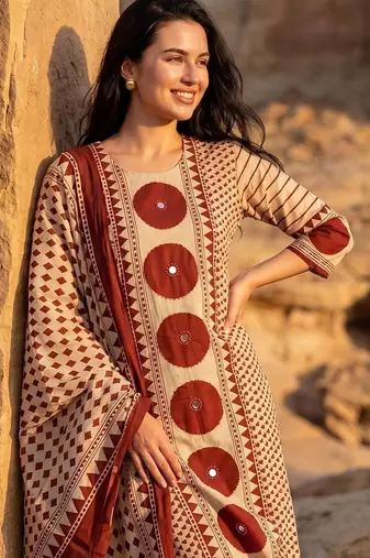 Women Printed Regular Mirror Work Pure Cotton Kurta with Trousers & With Dupatta