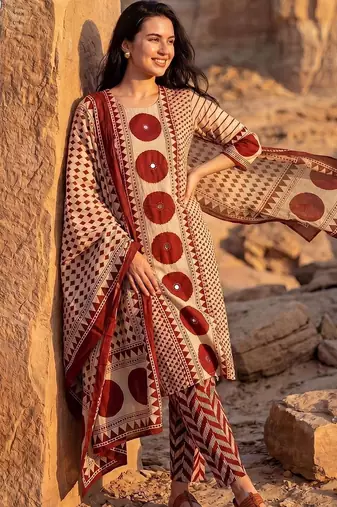Women Printed Regular Mirror Work Pure Cotton Kurta with Trousers & With Dupatta