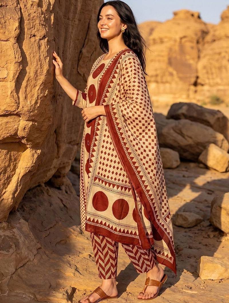 Women Printed Regular Mirror Work Pure Cotton Kurta with Trousers & With Dupatta
