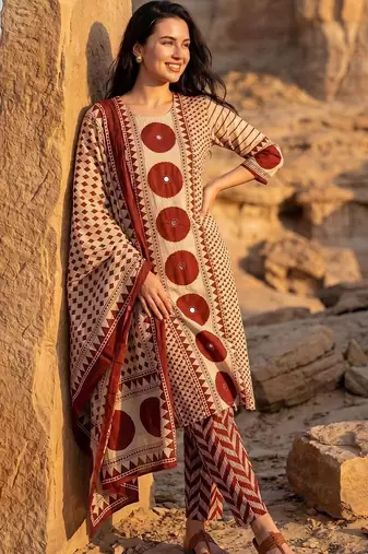 Women Printed Regular Mirror Work Pure Cotton Kurta with Trousers & With Dupatta