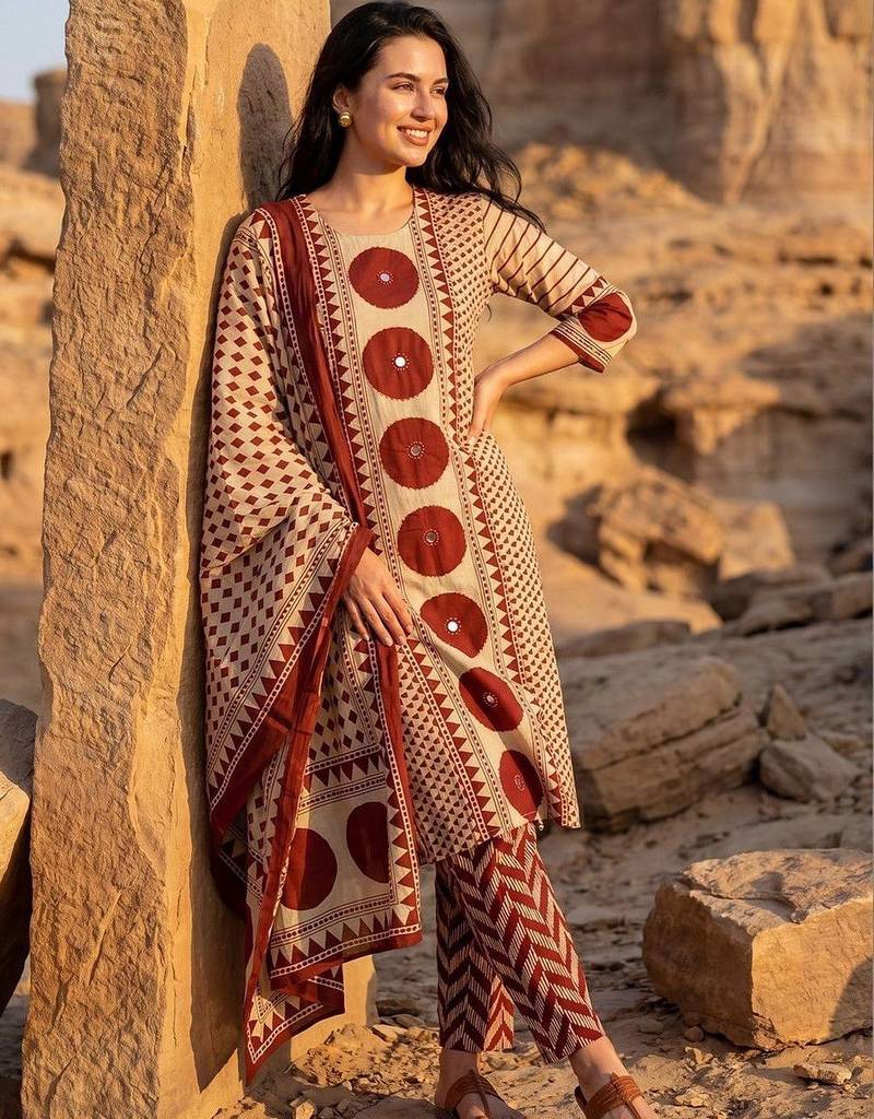 Women Printed Regular Mirror Work Pure Cotton Kurta with Trousers & With Dupatta