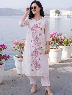 Women Floral Embroidered Regular Thread Work Pure Cotton Kurta with Trousers 1